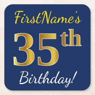 Blue, Faux Gold 35th Birthday + Custom Name Square Paper Coaster