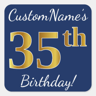 Blue, Faux Gold 35th Birthday + Custom Name Square Sticker