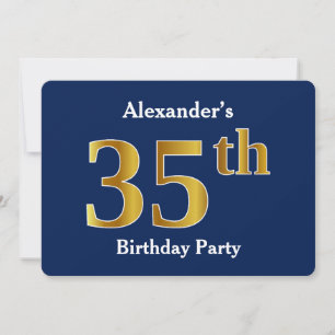 Blue, Faux Gold 35th Birthday Party + Custom Name Invitation