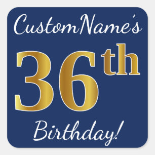 Blue, Faux Gold 36th Birthday + Custom Name Square Sticker