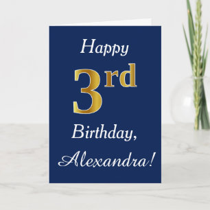 Blue, Faux Gold 3rd Birthday + Custom Name Card