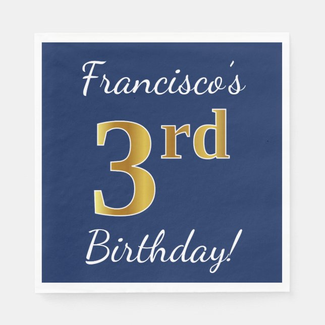 Blue, Faux Gold 3rd Birthday + Custom Name Napkin (Front)