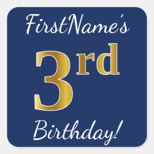 Blue, Faux Gold 3rd Birthday + Custom Name Sticker
