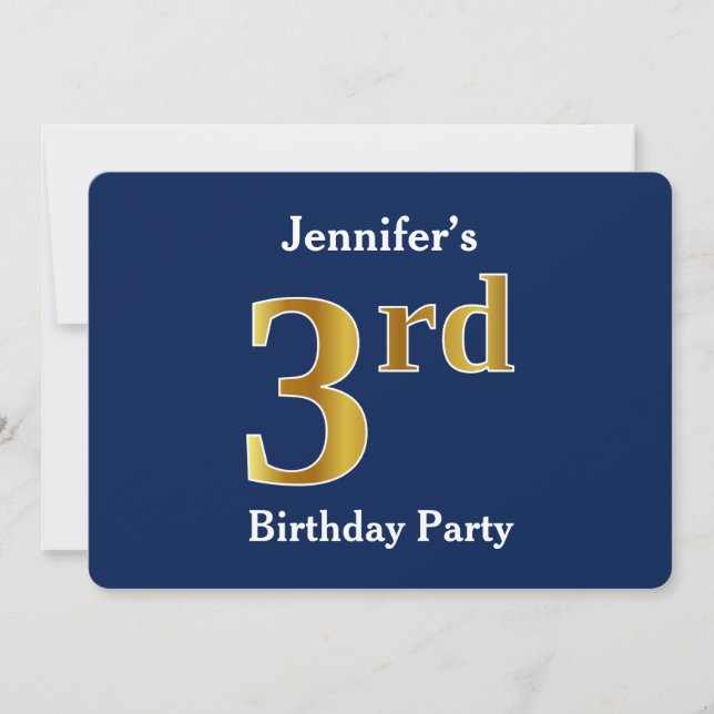 Blue, Faux Gold 3rd Birthday Party + Custom Names Invitation (Front)
