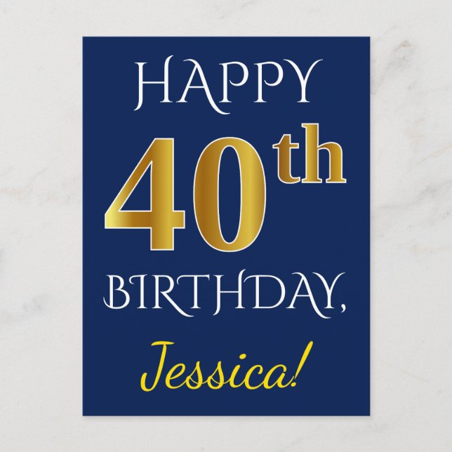 Blue, Faux Gold 40th Birthday + Custom Name Postcard (Front)