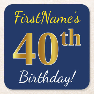 Blue, Faux Gold 40th Birthday + Custom Name Square Paper Coaster