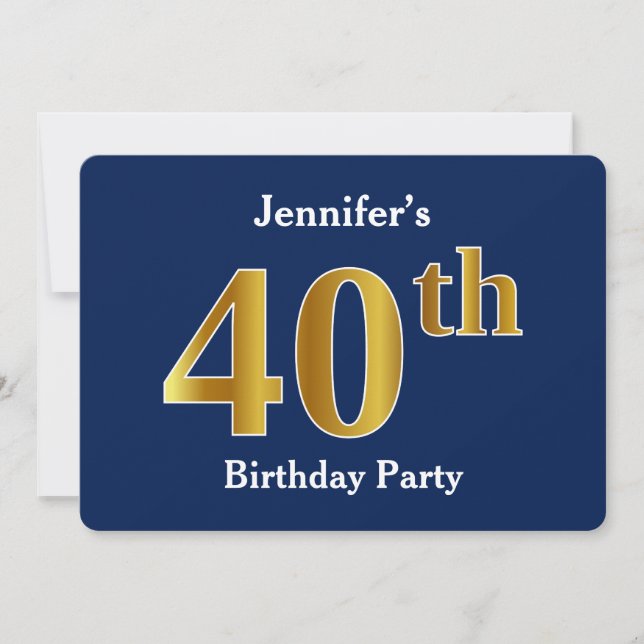 Blue, Faux Gold 40th Birthday Party + Custom Name Invitation (Front)