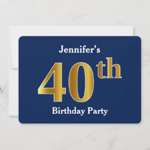 Blue, Faux Gold 40th Birthday Party + Custom Name Invitation