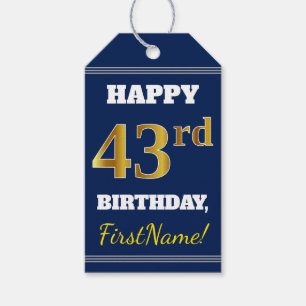 Blue, Faux Gold 43rd Birthday + Custom Name Gift Tags