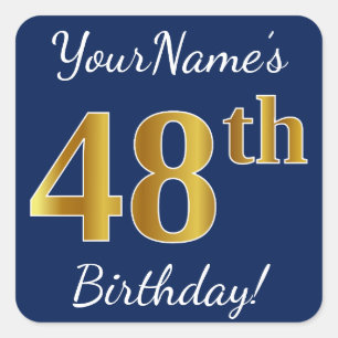Blue, Faux Gold 48th Birthday + Custom Name Square Sticker