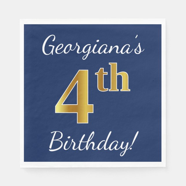 Blue, Faux Gold 4th Birthday + Custom Name Napkin (Front)