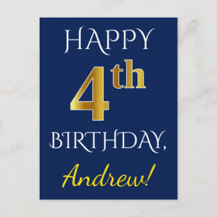 Blue, Faux Gold 4th Birthday + Custom Name Postcard