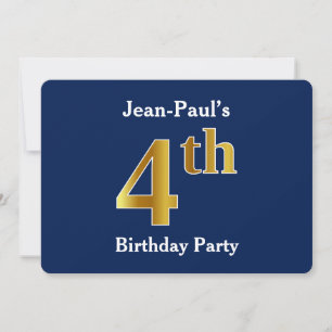Blue, Faux Gold 4th Birthday Party + Custom Name Invitation