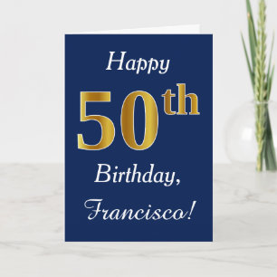 Blue, Faux Gold 50th Birthday + Custom Name Card