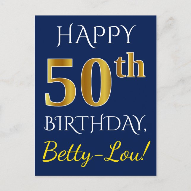 Blue, Faux Gold 50th Birthday + Custom Name Postcard (Front)