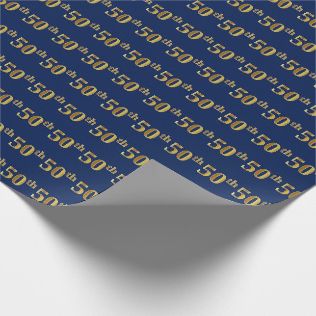 Blue, Faux Gold 50th (Fiftieth) Event Wrapping Paper (Corner)
