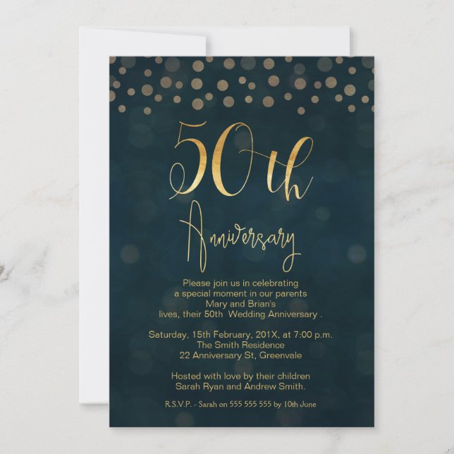 Blue Faux Gold 50th Wedding Anniversary Invitation (Front)