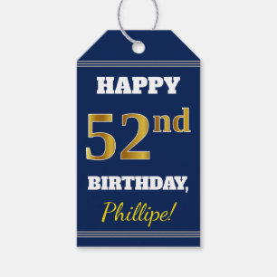 Blue, Faux Gold 52nd Birthday + Custom Name Gift Tags