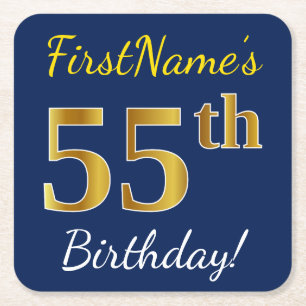 Blue, Faux Gold 55th Birthday + Custom Name Square Paper Coaster