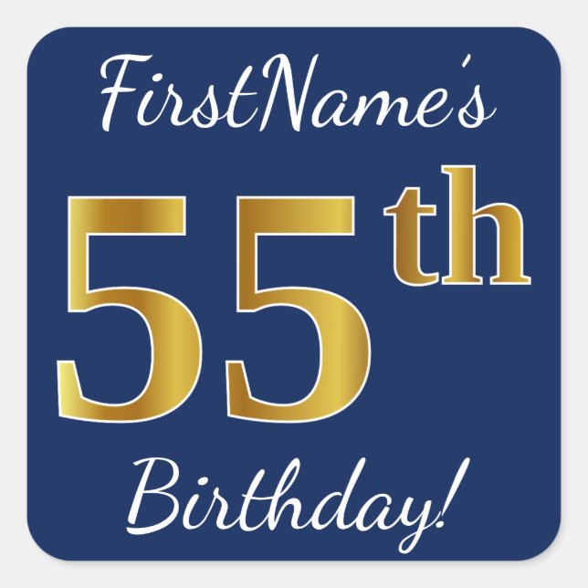 Blue, Faux Gold 55th Birthday + Custom Name Square Sticker (Front)