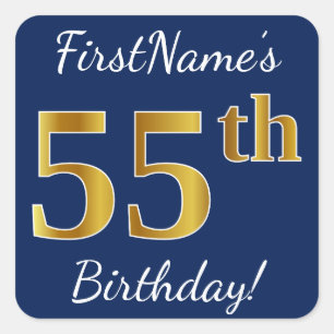 Blue, Faux Gold 55th Birthday + Custom Name Square Sticker
