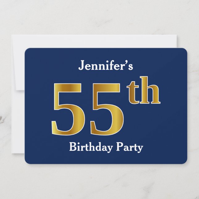 Blue, Faux Gold 55th Birthday Party + Custom Name Invitation (Front)
