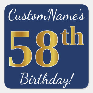 Blue, Faux Gold 58th Birthday + Custom Name Square Sticker