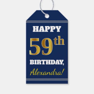 Blue, Faux Gold 59th Birthday + Custom Name Gift Tags