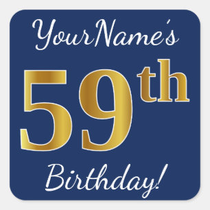 Blue, Faux Gold 59th Birthday + Custom Name Square Sticker