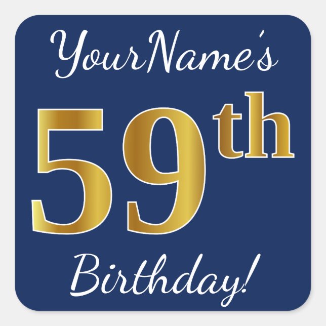 Blue, Faux Gold 59th Birthday + Custom Name Square Sticker (Front)