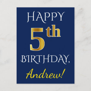 Blue, Faux Gold 5th Birthday + Custom Name Postcard