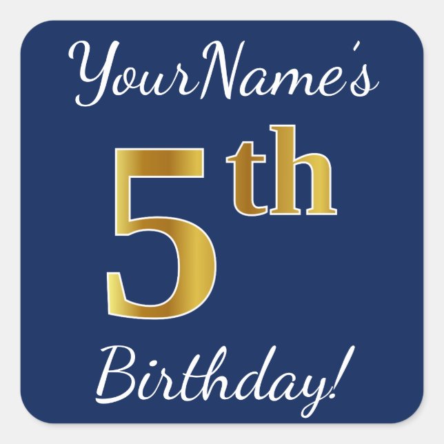 Blue, Faux Gold 5th Birthday + Custom Name Sticker (Front)