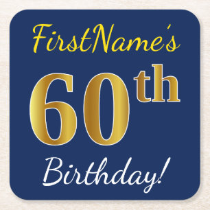 Blue, Faux Gold 60th Birthday + Custom Name Square Paper Coaster