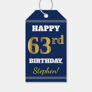Blue, Faux Gold 63rd Birthday + Custom Name Gift Tags