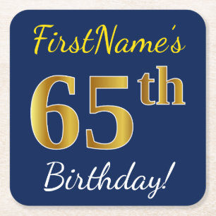 Blue, Faux Gold 65th Birthday + Custom Name Square Paper Coaster