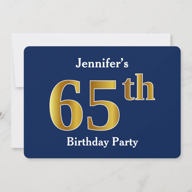 Blue, Faux Gold 65th Birthday Party + Custom Name Invitation (Front)