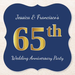 Blue, Faux Gold 65th Wedding Anniversary Party Paper Coaster