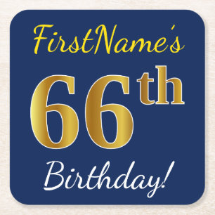 Blue, Faux Gold 66th Birthday + Custom Name Square Paper Coaster