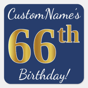 Blue, Faux Gold 66th Birthday + Custom Name Square Sticker