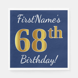 Blue, Faux Gold 68th Birthday + Custom Name Napkin