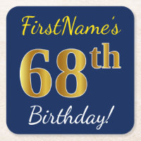 Blue, Faux Gold 68th Birthday + Custom Name