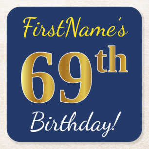 Blue, Faux Gold 69th Birthday + Custom Name Square Paper Coaster