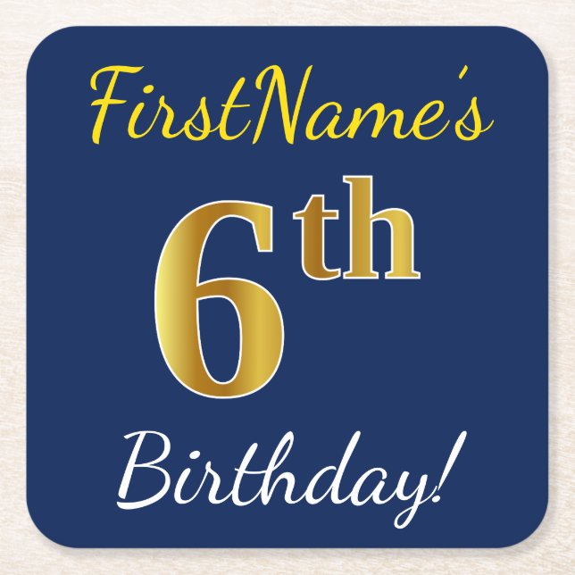 Blue, Faux Gold 6th Birthday + Custom Name Square Paper Coaster (Front)