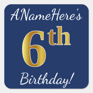 Blue, Faux Gold 6th Birthday + Custom Name Sticker