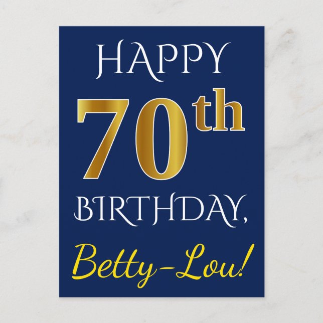 Blue, Faux Gold 70th Birthday + Custom Name Postcard (Front)