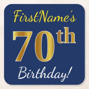 Blue, Faux Gold 70th Birthday + Custom Name Square Paper Coaster