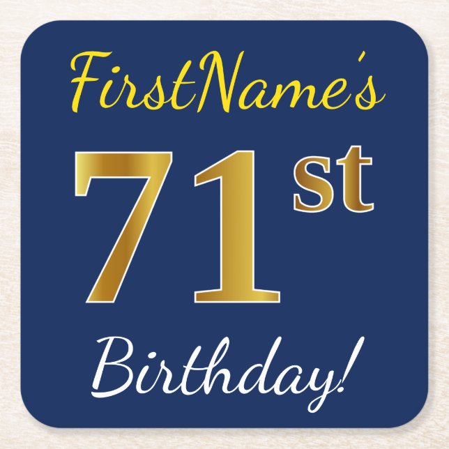Blue, Faux Gold 71st Birthday + Custom Name Square Paper Coaster (Front)