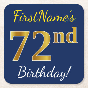 Blue, Faux Gold 72nd Birthday + Custom Name Square Paper Coaster