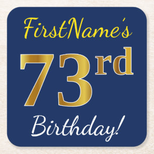 Blue, Faux Gold 73rd Birthday + Custom Name Square Paper Coaster