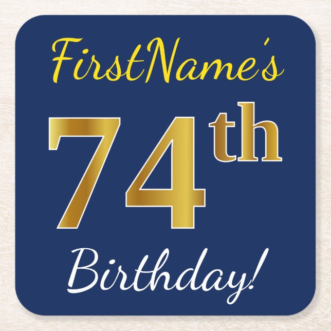 Blue, Faux Gold 74th Birthday + Custom Name Square Paper Coaster (Front)